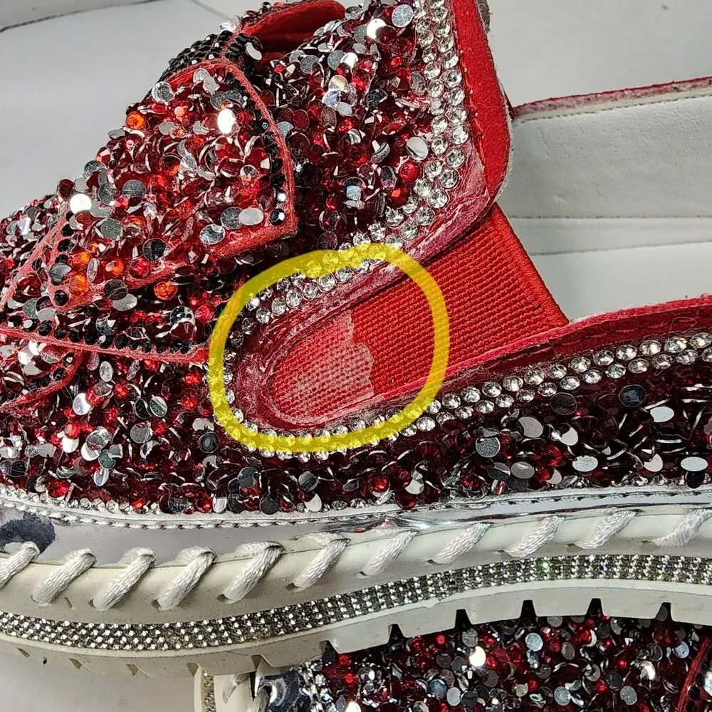 Red Womens Rhinestone Glitter Slip On Loafer Sneakers on White Platform Sz 10.5